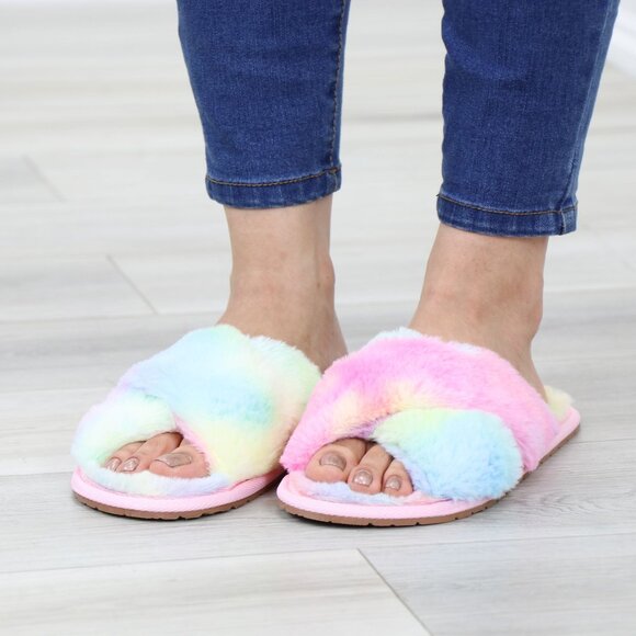 Cross Strap Tie Dye Multi Color Puff Fuzzy Furry Fluffy Slip On Plush Slippers - Picture 5 of 15
